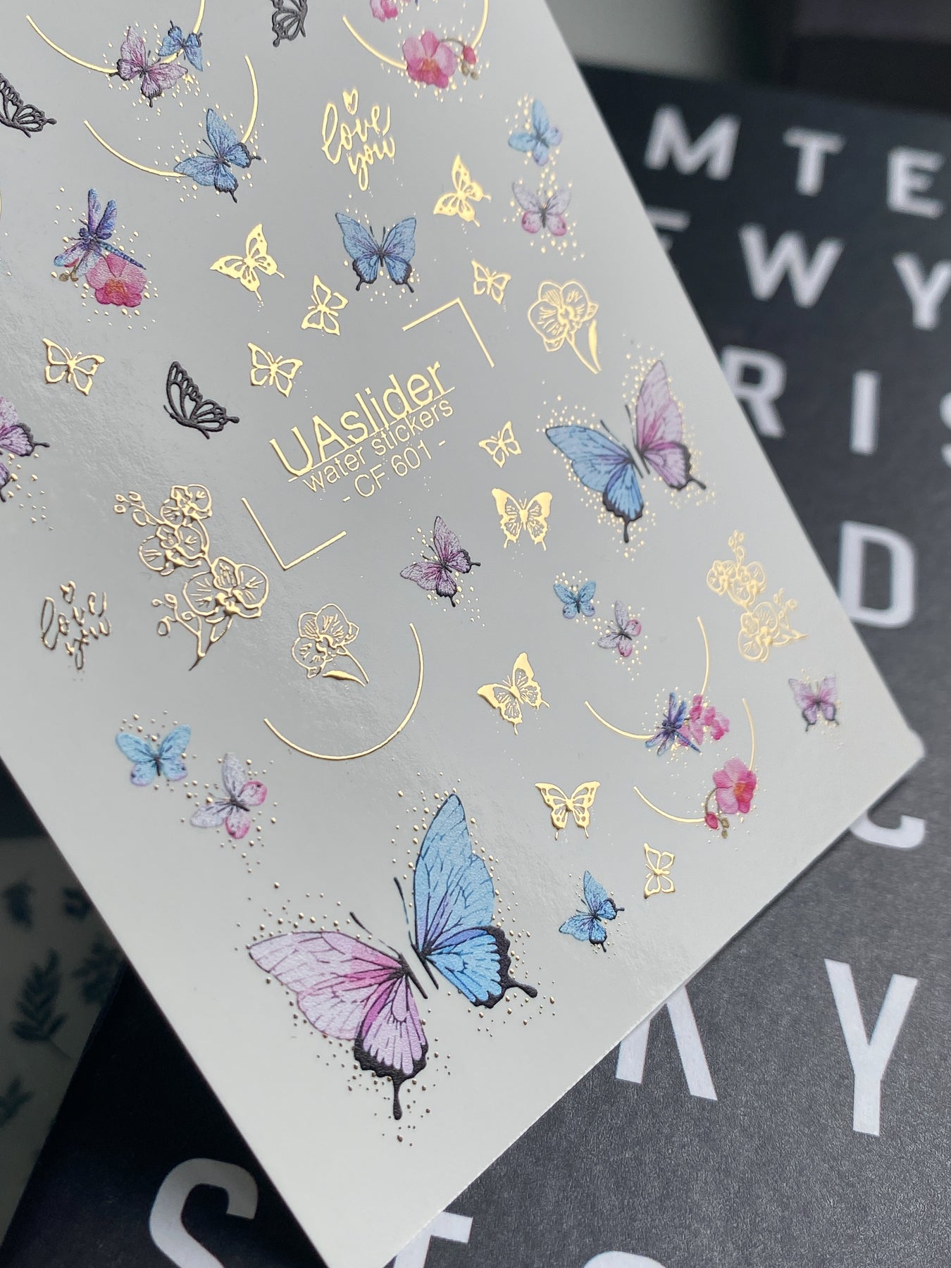 Nail Water Decal CF-601 | Butterfly & Floral Nail Water Decals | Blue, Purple & Pink Butterflies with Gold Details - UASLIDER