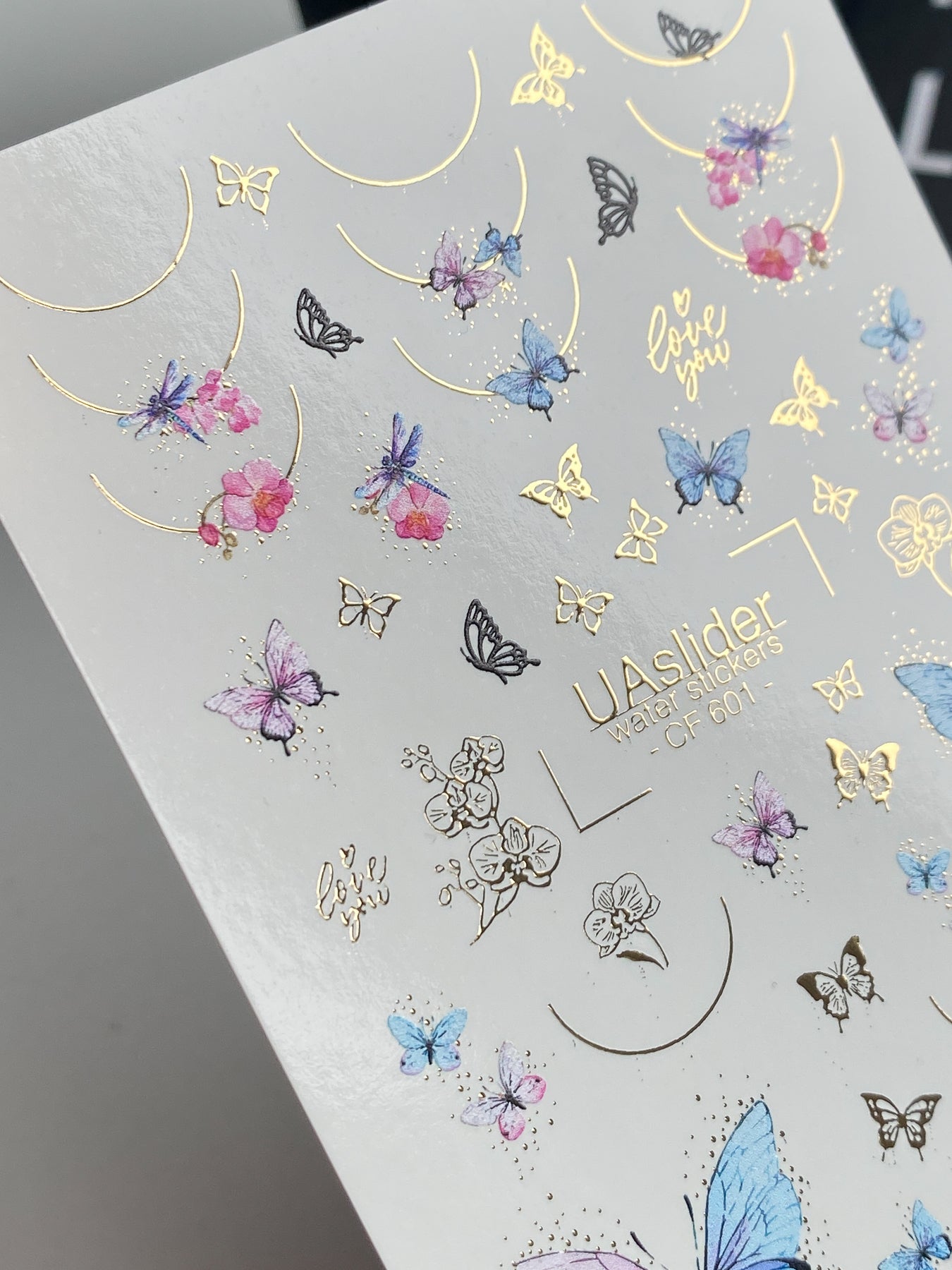 Nail Water Decal CF-601 | Butterfly & Floral Nail Water Decals | Blue, Purple & Pink Butterflies with Gold Details - UASLIDER