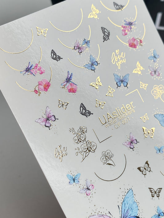 Nail Water Decal CF-601 | Butterfly & Floral Nail Water Decals | Blue, Purple & Pink Butterflies with Gold Details
