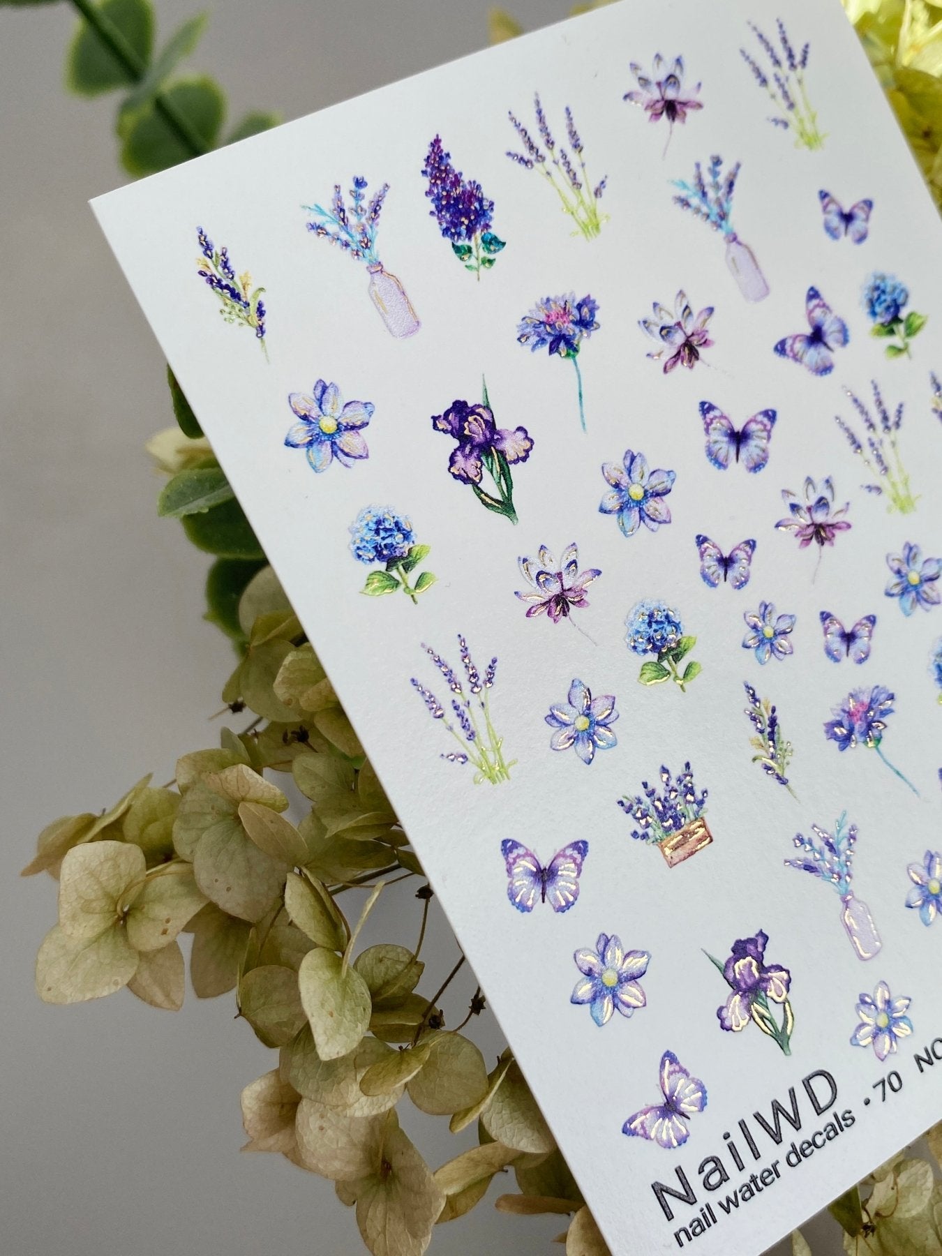 Nail Water Decal 70 NailWD | Water Transfer Nail Decals Lavender & Butterflies | Romantic Floral Art