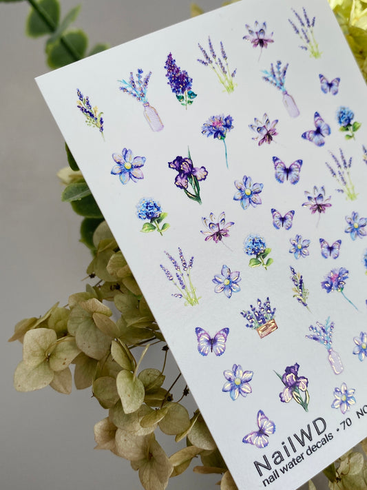 Nail Water Decal 70 NailWD | Water Transfer Nail Decals Lavender & Butterflies | Romantic Floral Art