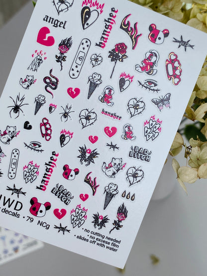 Adesivo per Unghie 79 NailWD | Adesivi per Unghie a Scivolamento d'Acqua Stile Punk Emo | Cuori, Rose e Arte Audace