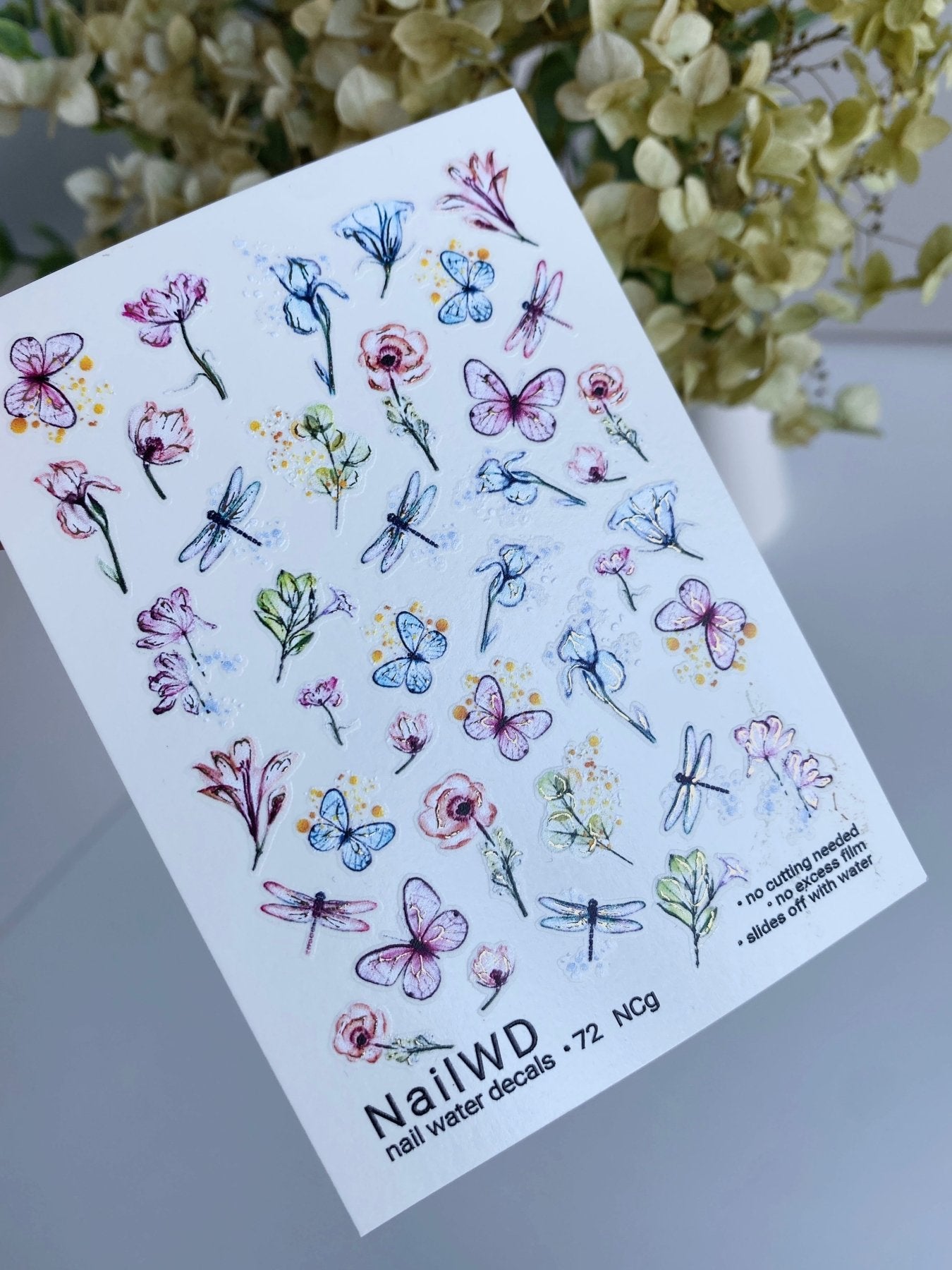 Nail Water Decal 72 NailWD | Water Slide Nail Decals Flowers, Butterflies & Dragonflies | Whimsical Garden Set
