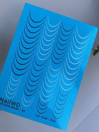 Köröm víz matrica 45 NailWD | Francia vízcsúsztatós köröm matricák | Fekete és fehér ívelt vonalak