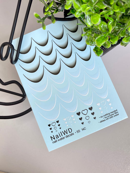 Nail Water Decal 55 NailWD | French Water Slide Nail Decals | Black & White Gradient Tips with Hearts