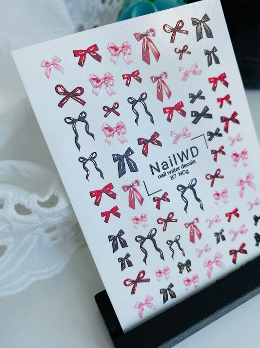 Nail Water Decal 87 NailWD | Water Slide Nail Decals Black, Red & Pink Bows | Elegant Girly Design