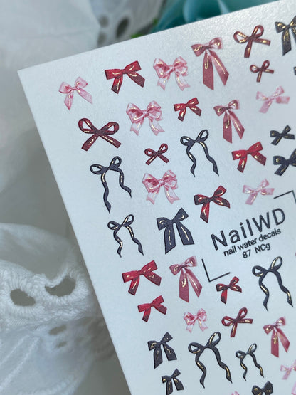 Nálepka na nehty 87 NailWD | Vodní nálepky na nehty černé, červené a růžové mašle | Elegantní dívčí design