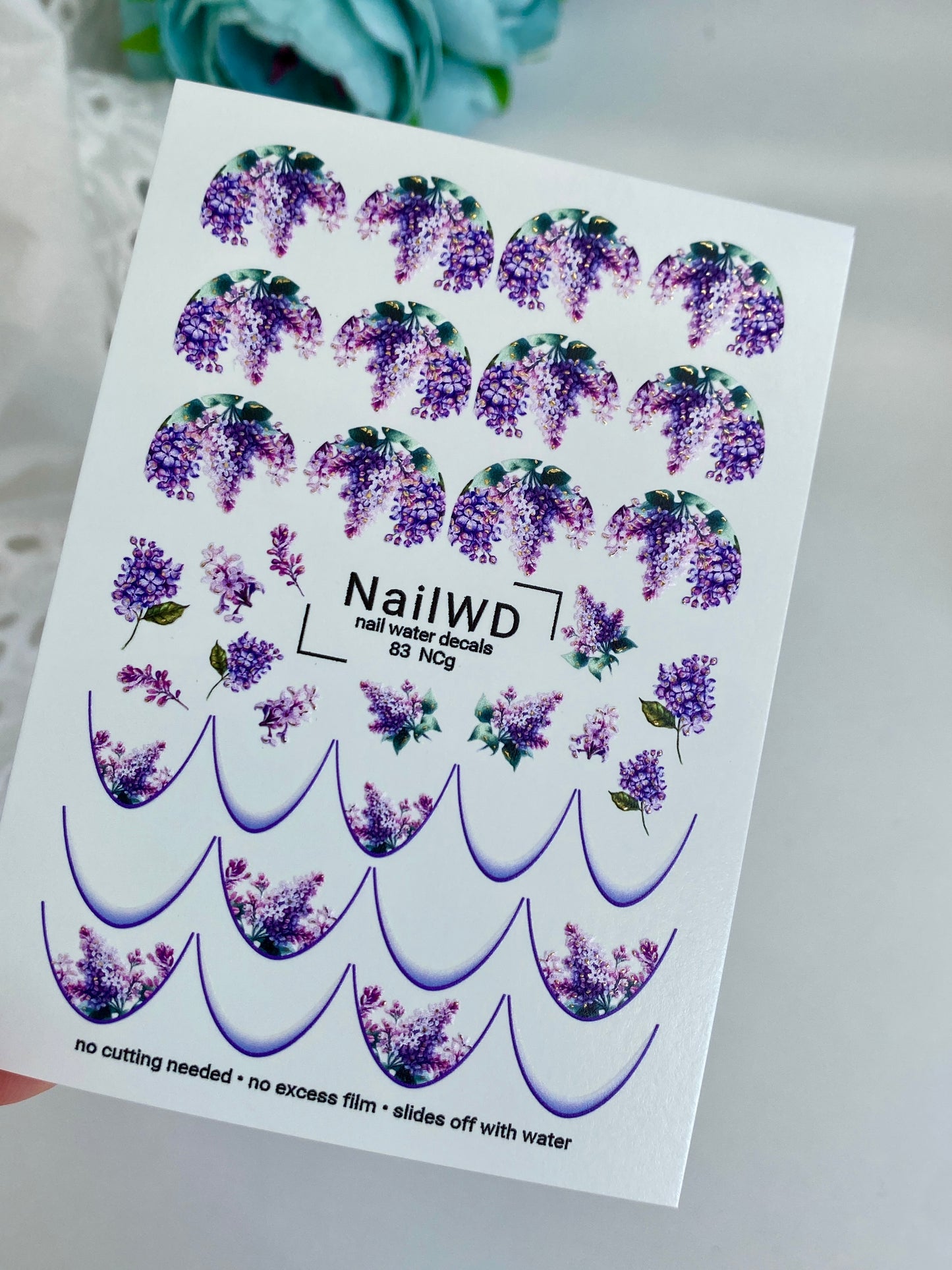 Nail Water Decal 83 NailWD | Water Slide Nail Decals French Tips with Lilac Flowers | Elegant Floral French