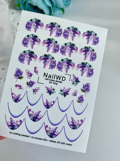 Nail Water Decal 83 NailWD | Water Slide Nail Decals French Tips with Lilac Flowers | Elegant Floral French