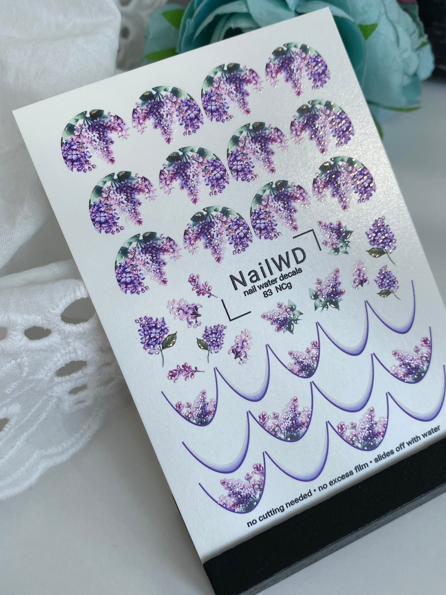 Nail Water Decal 83 NailWD | Water Slide Nail Decals French Tips with Lilac Flowers | Elegant Floral French