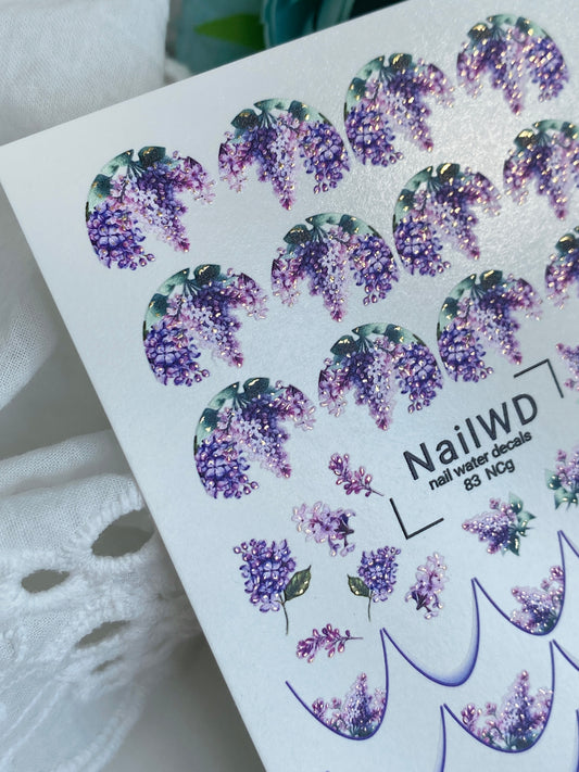 Nail Water Decal 83 NailWD | Water Slide Nail Decals French Tips with Lilac Flowers | Elegant Floral French