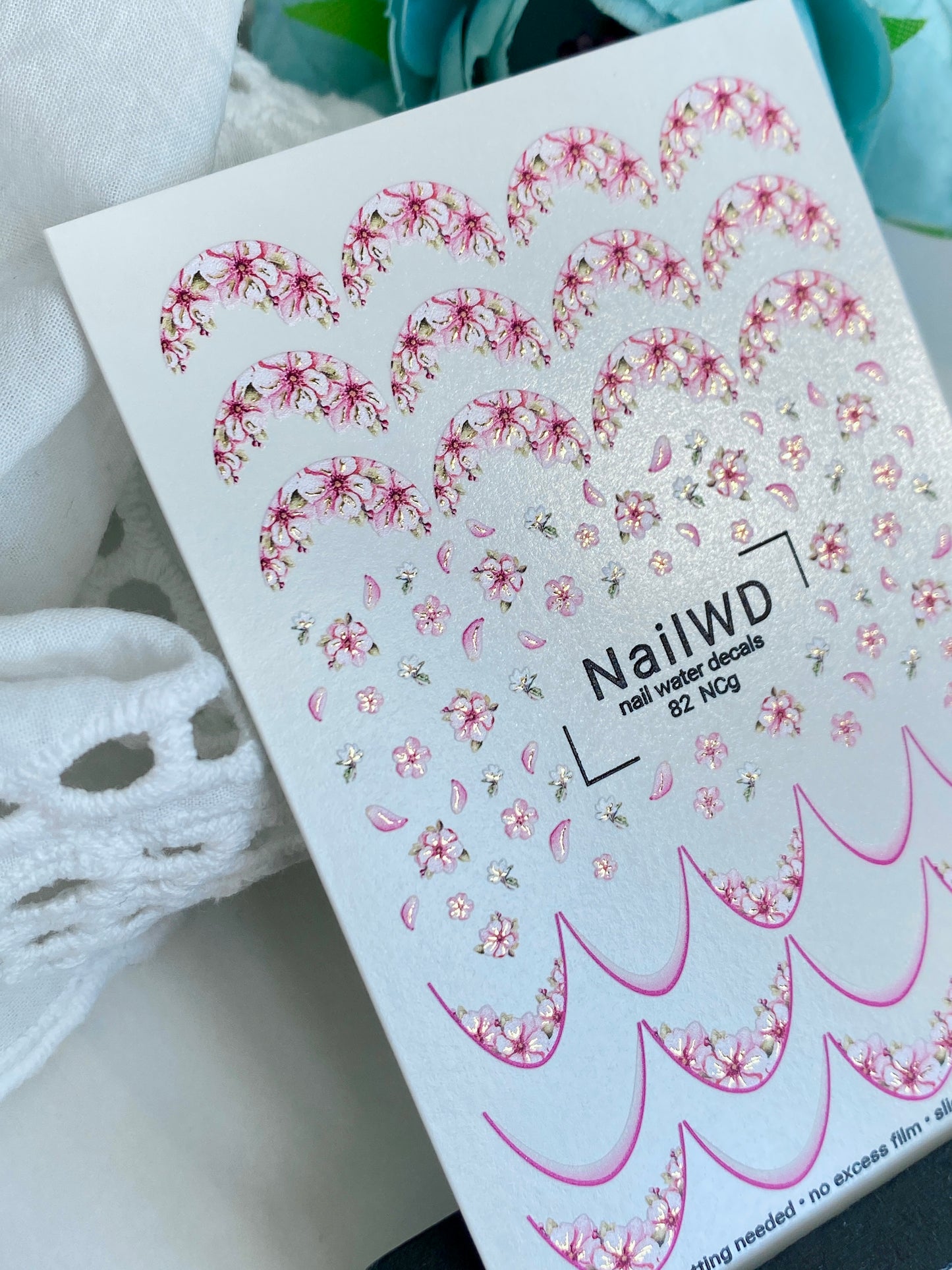 Nail Water Decal 82 NailWD | Water Slide Nail Decals French Tips with Cherry Blossoms | Romantic Floral French