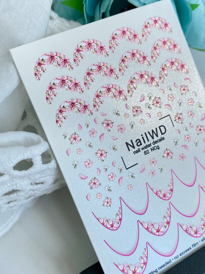 Nail Water Decal 82 NailWD | Water Slide Nail Decals French Tips with Cherry Blossoms | Romantic Floral French