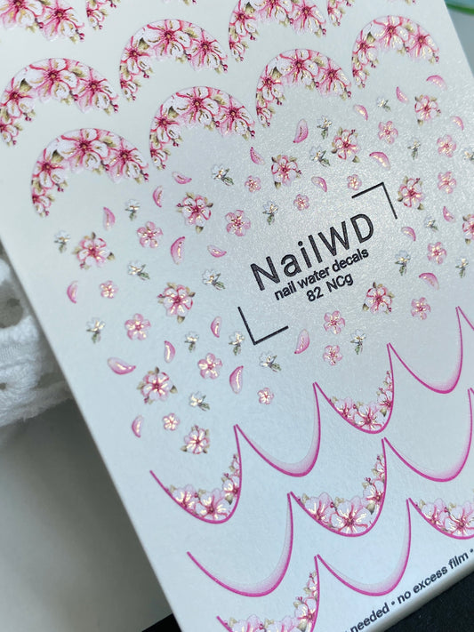 Nail Water Decal 82 NailWD | Water Slide Nail Decals French Tips with Cherry Blossoms | Romantic Floral French