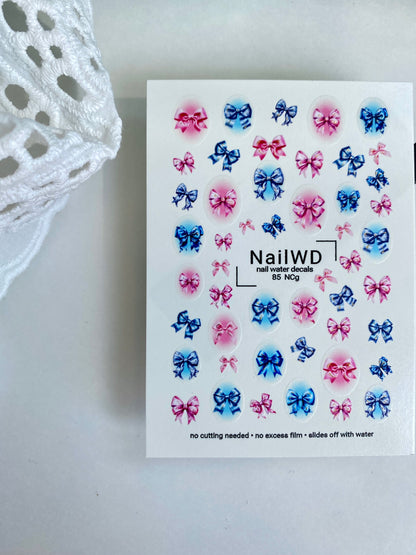 Adesivo per Unghie 85 NailWD | Adesivi per Unghie a Scorrimento Acqua Fiocchi Rosa e Blu | Design Carino e Femminile