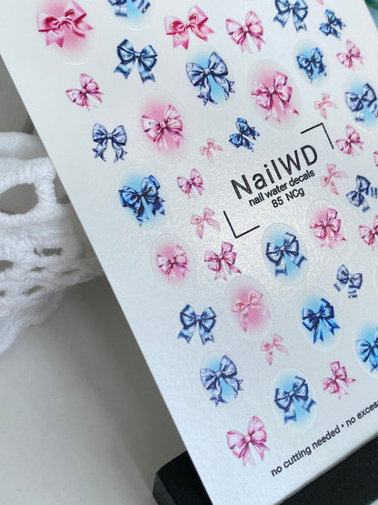 Adesivo per Unghie 85 NailWD | Adesivi per Unghie a Scorrimento Acqua Fiocchi Rosa e Blu | Design Carino e Femminile