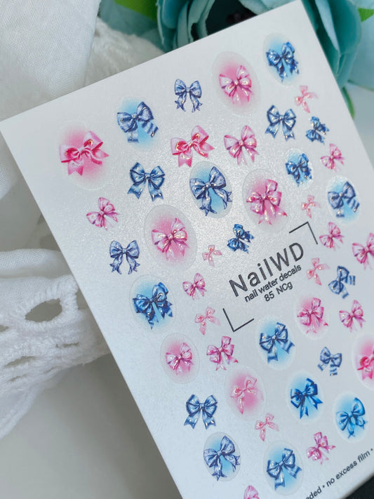Nail Water Decal 85 NailWD | Water Slide Nail Decals Pink & Blue Bows | Cute Girly Design