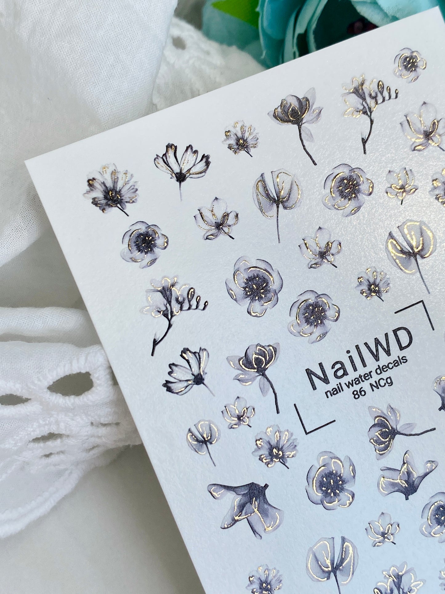 Nail Water Decal 86 NailWD | Water Slide Nail Decals Black & Gold Flowers | Elegant Minimalist Art