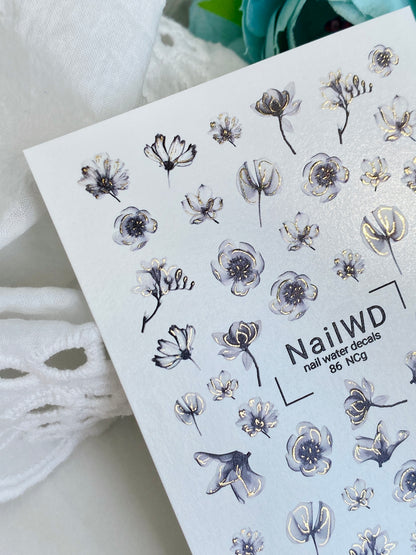 Nail Water Decal 86 NailWD | Water Slide Nail Decals Black & Gold Flowers | Elegant Minimalist Art