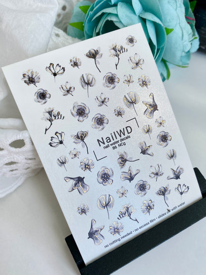 Nail Water Decal 86 NailWD | Water Slide Nail Decals Black & Gold Flowers | Elegant Minimalist Art