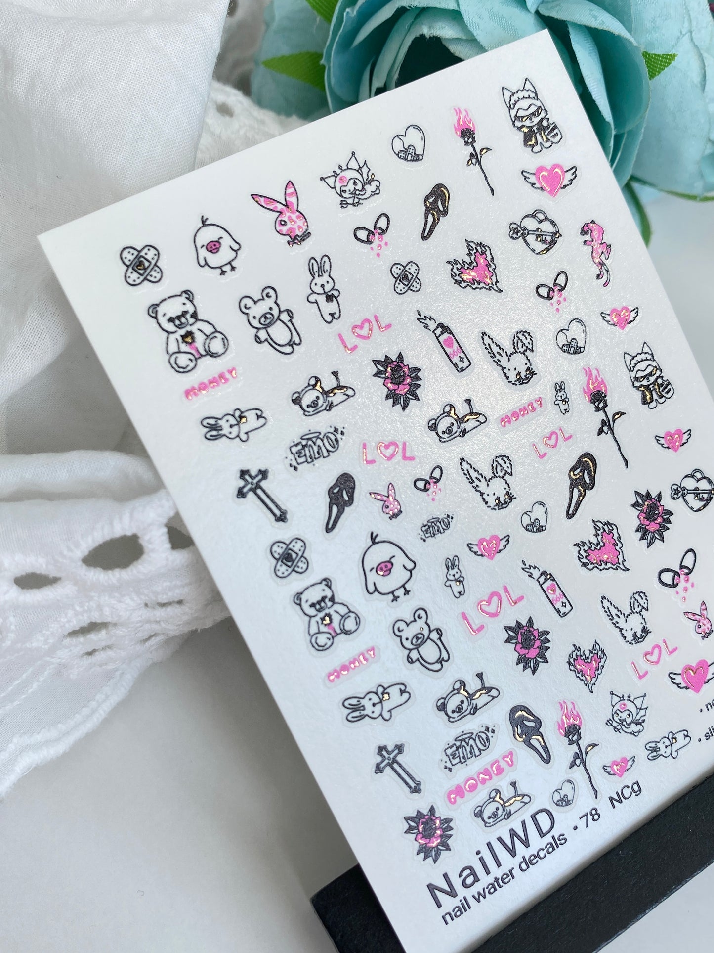 Nail Water Decal 78 NailWD | Water Slide Nail Decals Cute Emo Style | Bears, Hearts & Bunnies