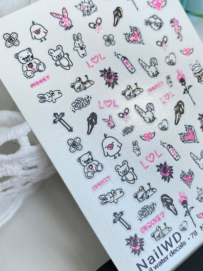 Nail Water Decal 78 NailWD | Water Slide Nail Decals Cute Emo Style | Bears, Hearts & Bunnies