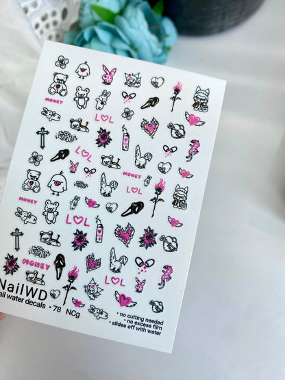 Nail Water Decal 78 NailWD | Water Slide Nail Decals Cute Emo Style | Bears, Hearts & Bunnies