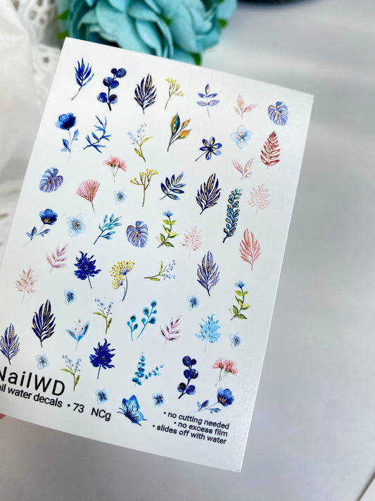 Nail Water Decal 73 NailWD | Water Slide Nail Decals Blue Leaves & Botanical Motifs | Elegant Nature Set