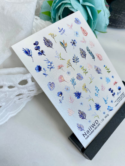 Nail Water Decal 73 NailWD | Water Slide Nail Decals Blue Leaves & Botanical Motifs | Elegant Nature Set