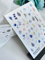 Nail Water Decal 73 NailWD | Water Slide Nail Decals Blue Leaves & Botanical Motifs | Elegant Nature Set