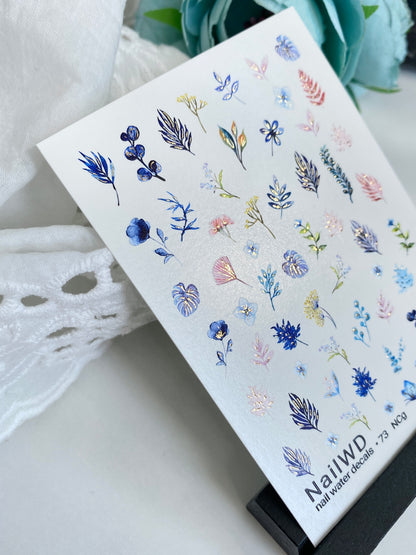 Nail Water Decal 73 NailWD | Water Slide Nail Decals Blue Leaves & Botanical Motifs | Elegant Nature Set