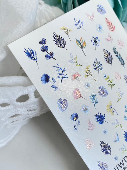 Nail Water Decal 73 NailWD | Water Slide Nail Decals Blue Leaves & Botanical Motifs | Elegant Nature Set