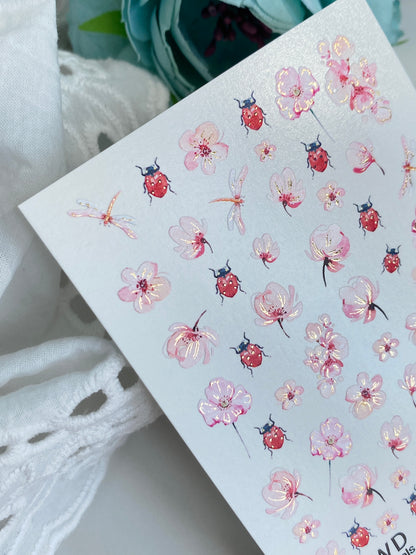 Nail Water Decal 71 NailWD | Water Slide Nail Decals Cherry Blossoms & Ladybugs | Spring Garden Art