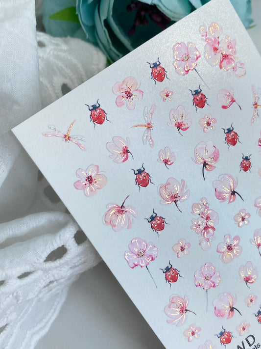 Nail Water Decal 71 NailWD | Water Slide Nail Decals Cherry Blossoms & Ladybugs | Spring Garden Art