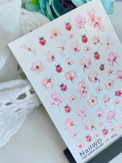 Nail Water Decal 71 NailWD | Water Slide Nail Decals Cherry Blossoms & Ladybugs | Spring Garden Art