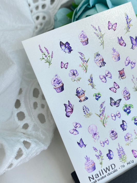 Nail Water Decal 76 NailWD | Water Slide Nail Decals Cupcakes, Lavender & Butterflies | Sweet Floral Art