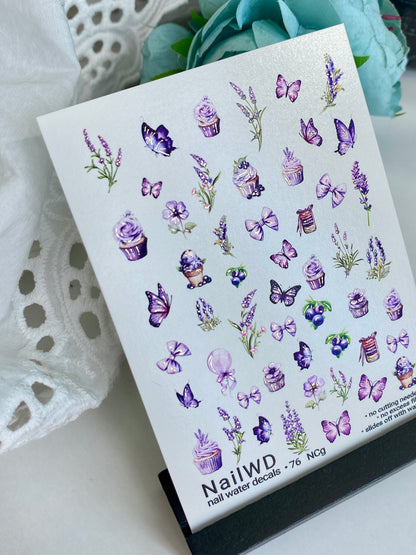 Adesivo per Unghie 76 NailWD | Adesivi per Unghie a Scivolamento d'Acqua Cupcakes, Lavanda e Farfalle | Dolce Arte Floreale