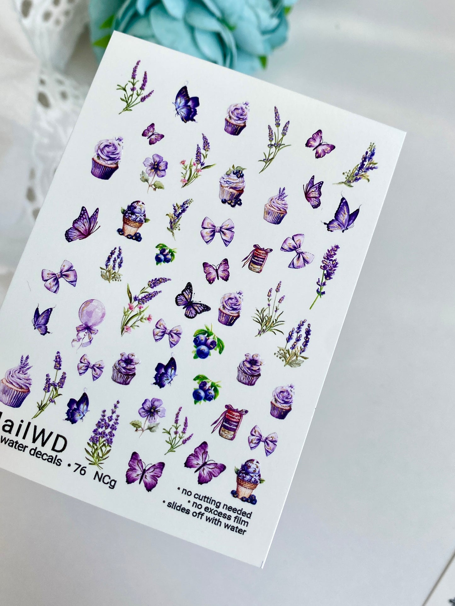 Adesivo per Unghie 76 NailWD | Adesivi per Unghie a Scivolamento d'Acqua Cupcakes, Lavanda e Farfalle | Dolce Arte Floreale