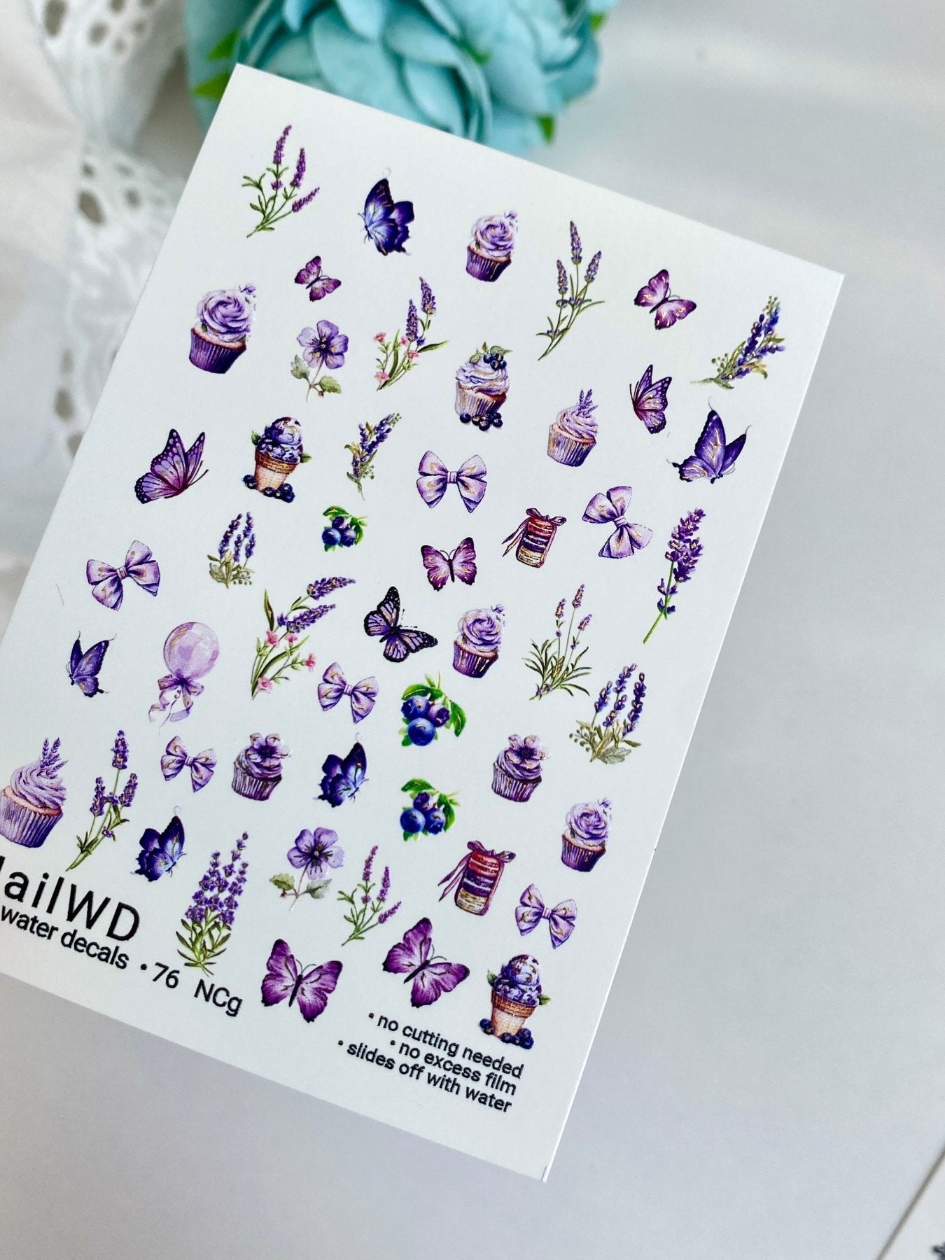 Nail Water Decal 76 NailWD | Water Slide Nail Decals Cupcakes, Lavender & Butterflies | Sweet Floral Art
