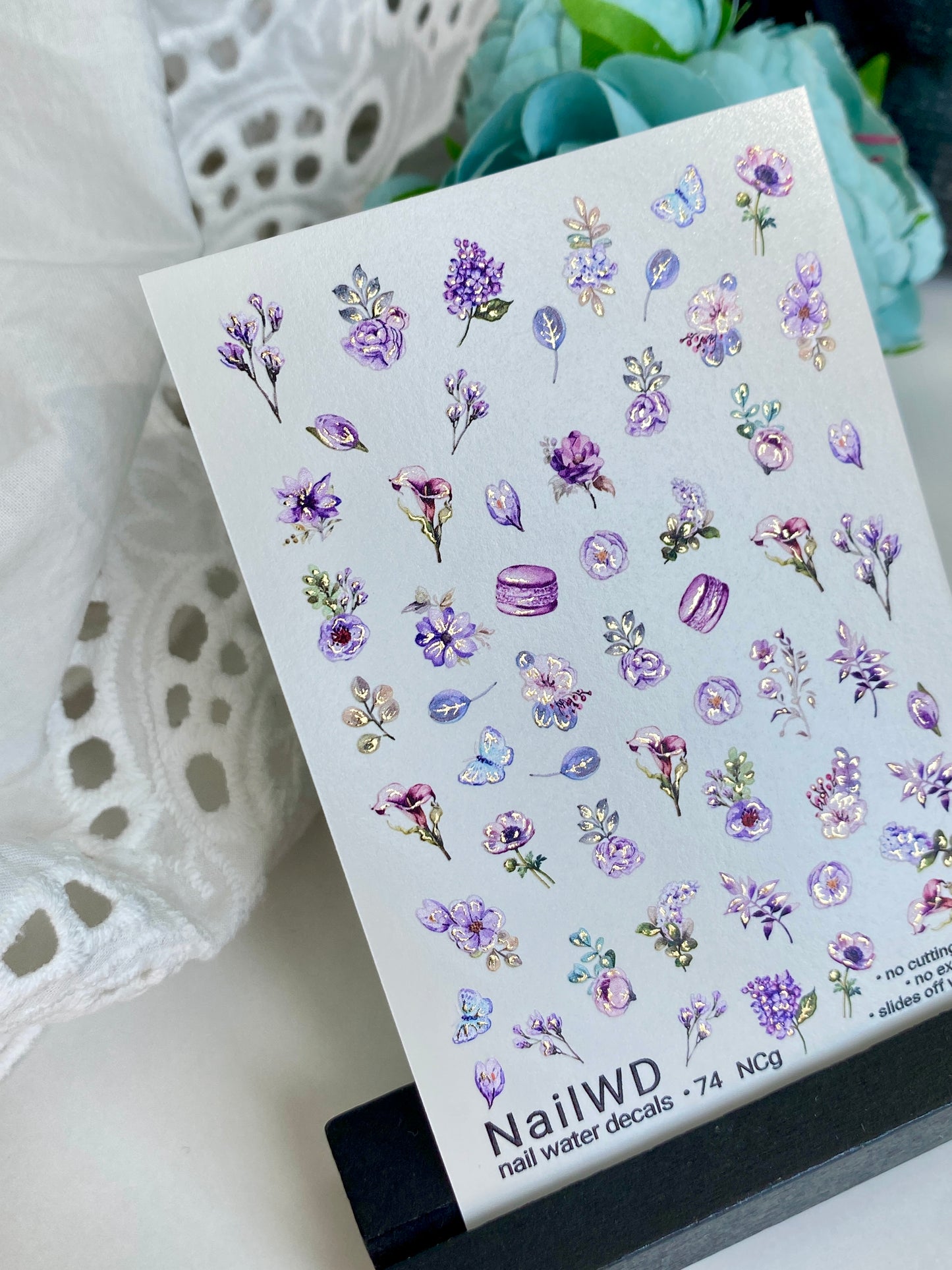 Nail Water Decal 74 NailWD | Water Slide Nail Decals Purple Flowers & Macarons | Romantic Floral Art
