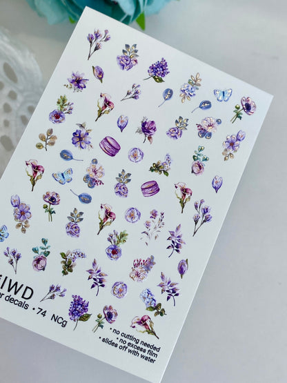Nail Water Decal 74 NailWD | Water Slide Nail Decals Purple Flowers & Macarons | Romantic Floral Art