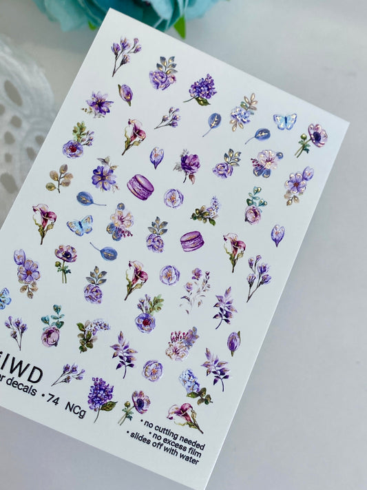 Nail Water Decal 74 NailWD | Water Slide Nail Decals Purple Flowers & Macarons | Romantic Floral Art