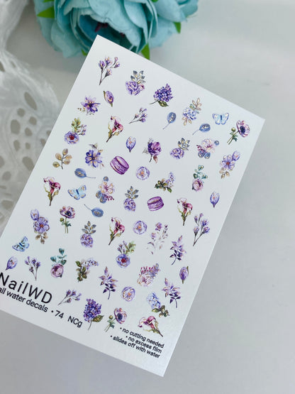 Nail Water Decal 74 NailWD | Water Slide Nail Decals Purple Flowers & Macarons | Romantic Floral Art