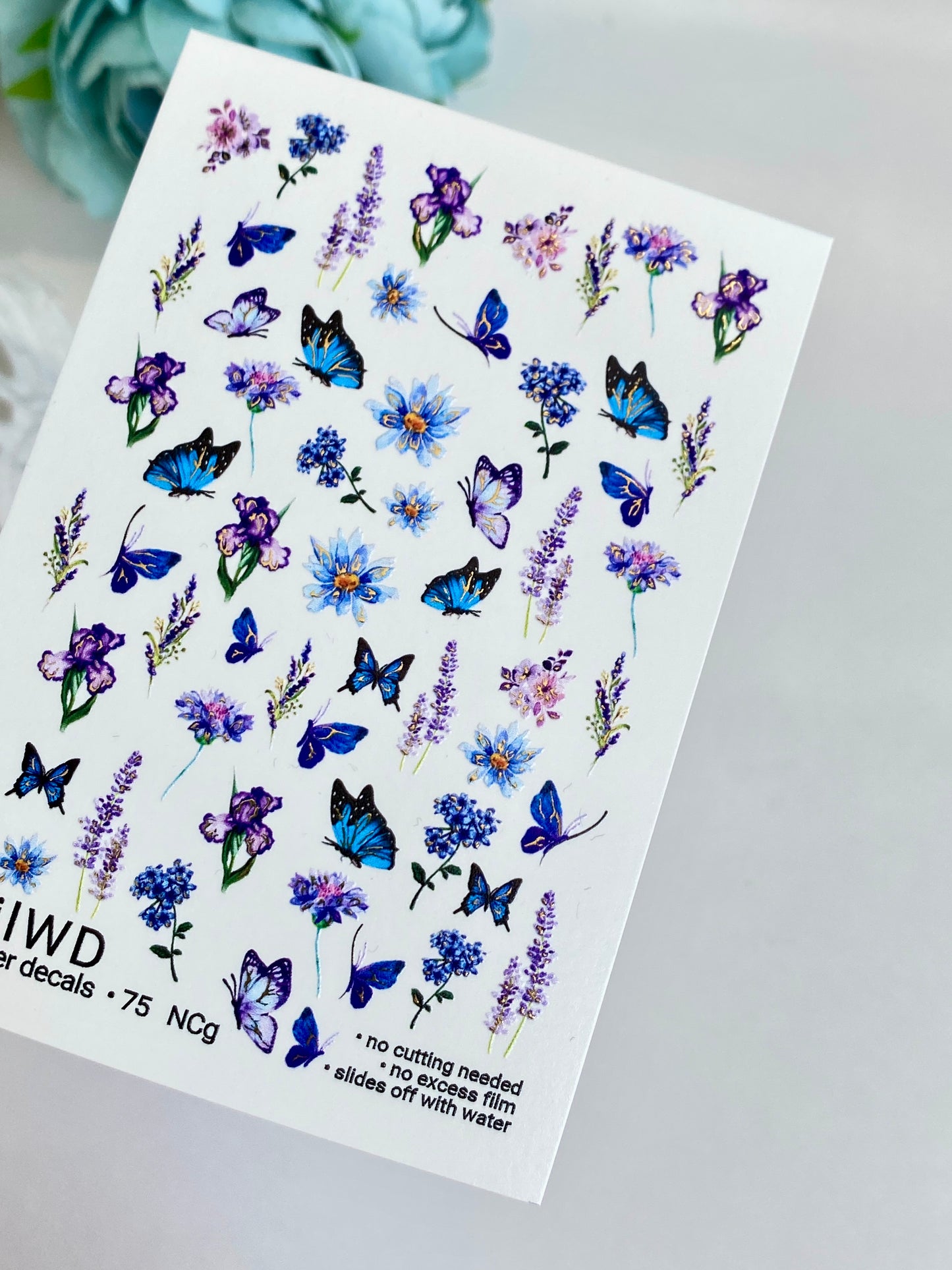 Nail Water Decal 75 NailWD | Water Slide Nail Decals Blue Butterflies & Lavender Flowers | Summer Floral Art