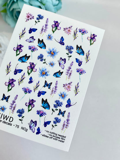 Nail Water Decal 75 NailWD | Water Slide Nail Decals Blue Butterflies & Lavender Flowers | Summer Floral Art