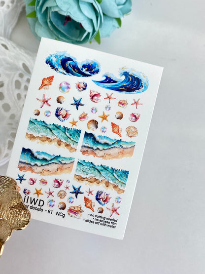 Nail Water Decal 81 NailWD | Water Slide Nail Decals Ocean Waves & Seashells | Beach Summer Art