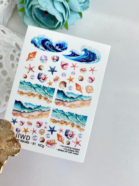 Nail Water Decal 81 NailWD | Water Slide Nail Decals Ocean Waves & Seashells | Beach Summer Art