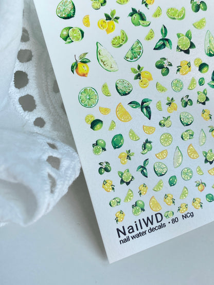 Nail Water Decal 80 NailWD | Water Slide Nail Decals Lemons & Limes | Fresh Summer Fruit Art
