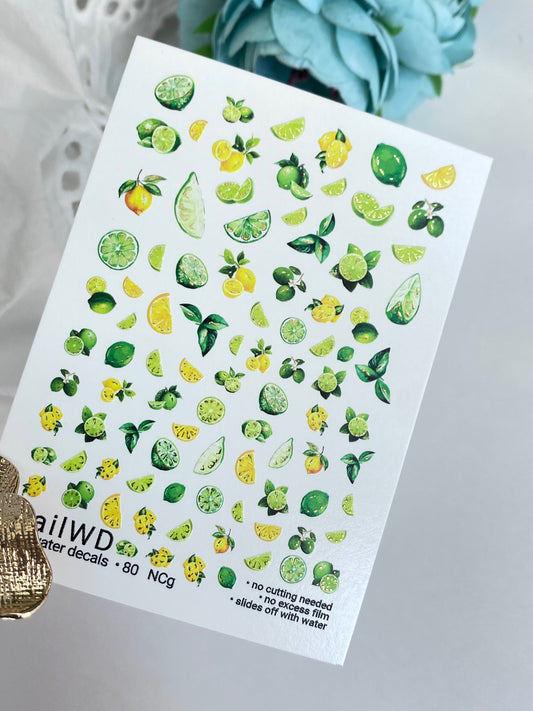 Nail Water Decal 80 NailWD | Water Slide Nail Decals Lemons & Limes | Fresh Summer Fruit Art