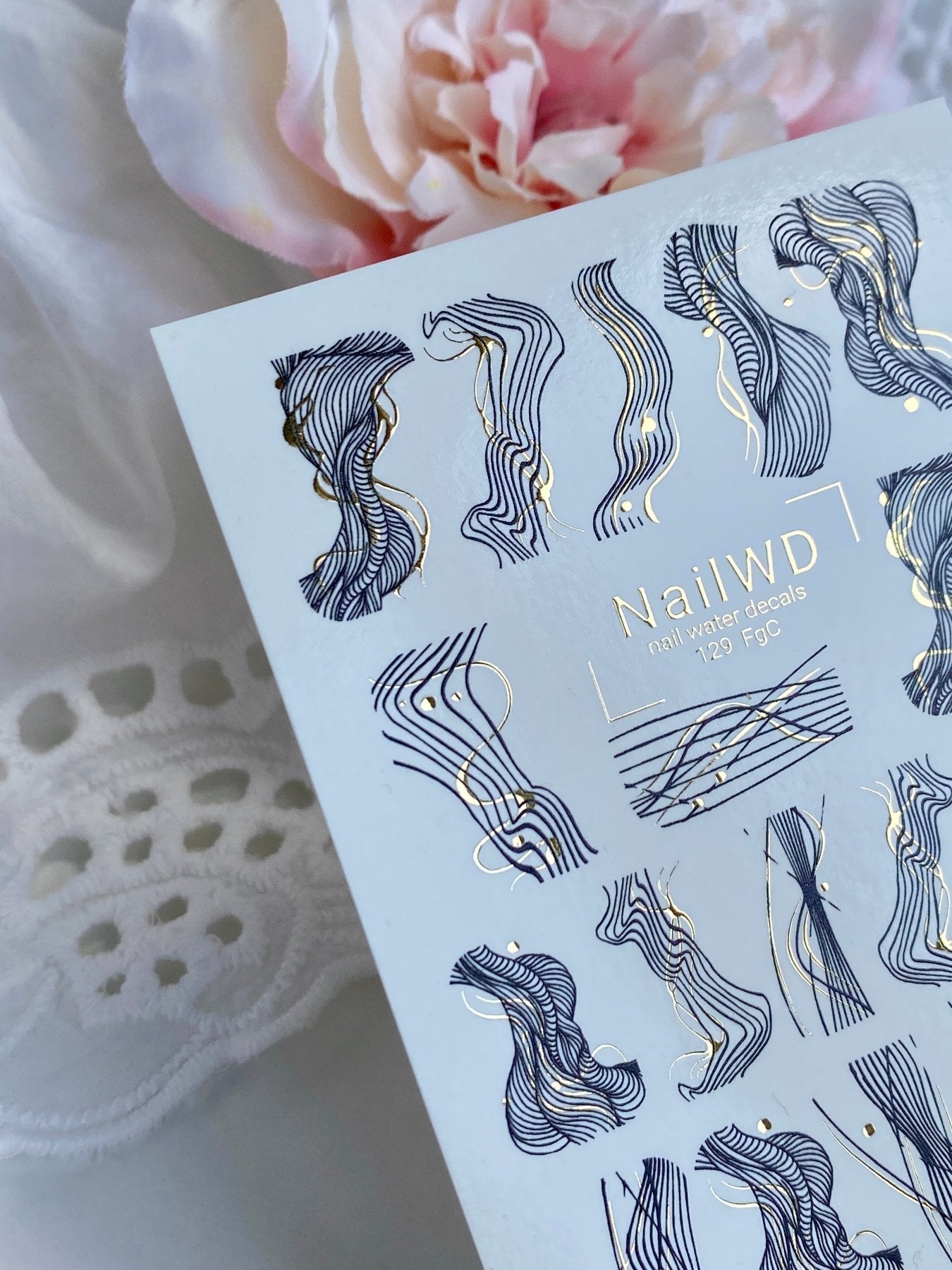 Nail Water Decal 129 NailWD | Water Slide Nail Decals Abstract Lines | Black & Gold Minimalist Design